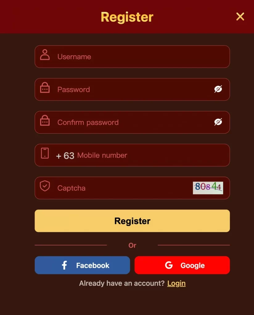 okgames register page showing simple sign up form